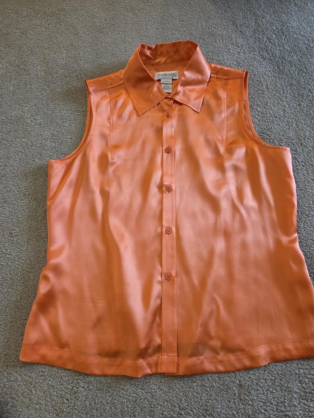 Chadwick's Orange 100% Silk Button Down Sleeveless Shirt Sz 14